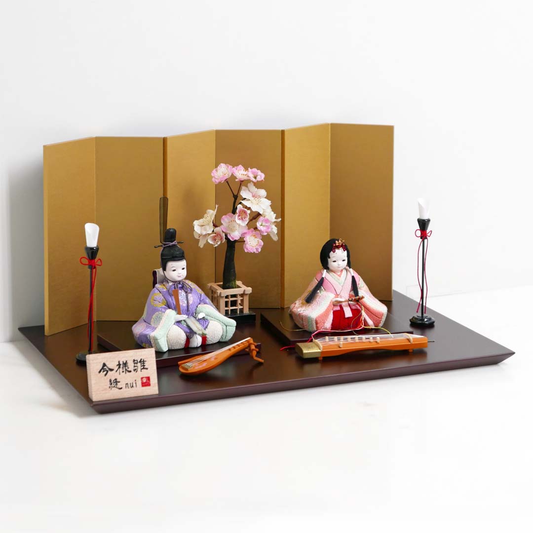 おさな童顔がかわいい唐花七宝紋衣装木目込み人形金六曲屏風琴琵琶親王