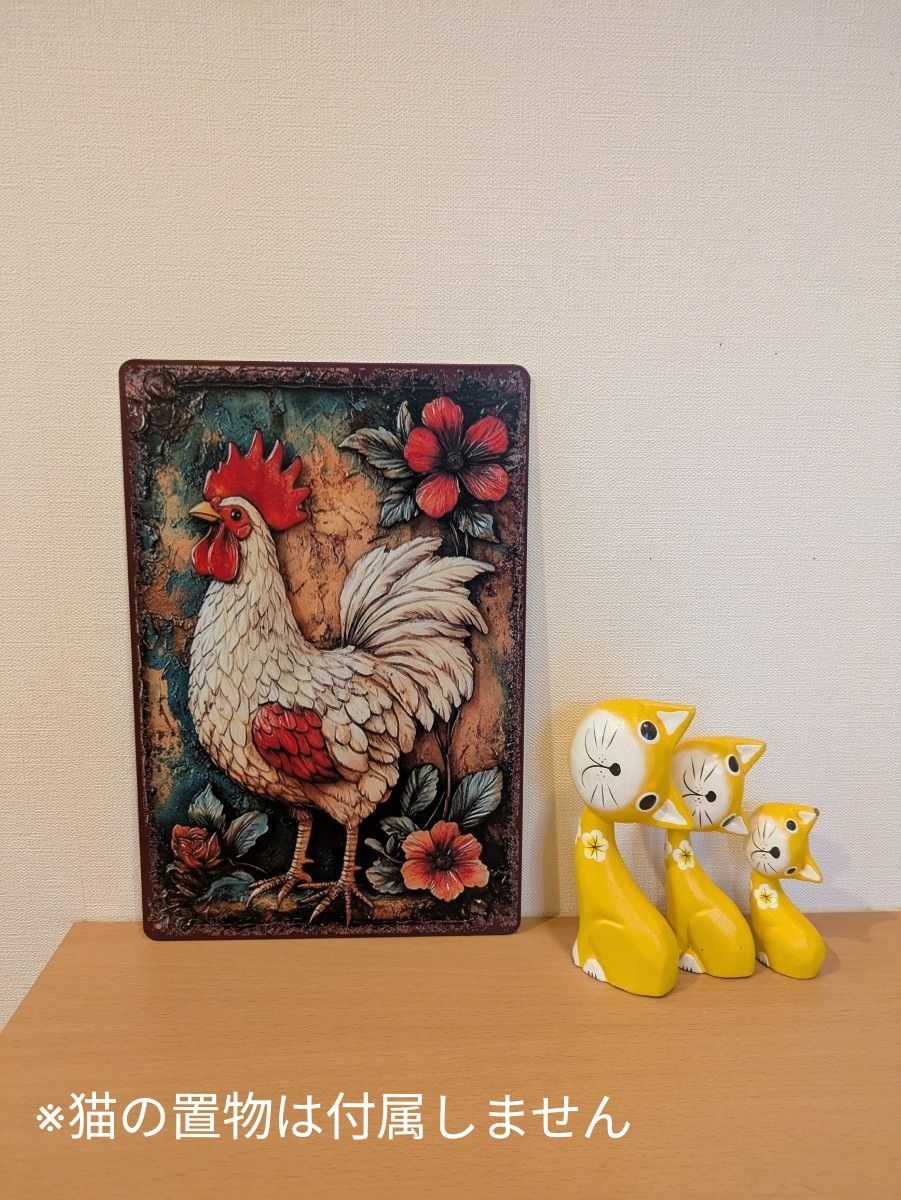 ブリキ看板 アート 鶏 ニワトリ 花 北欧風 ナチュラル ノスタルジック