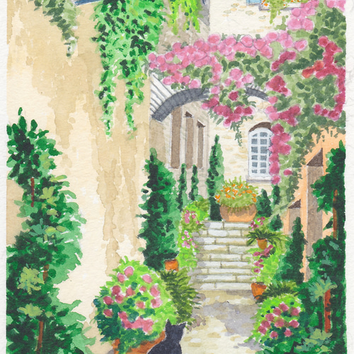 花の咲く路地03」透明水彩画 原画 風景画 ハガキサイズ 絵画 Oni 通販