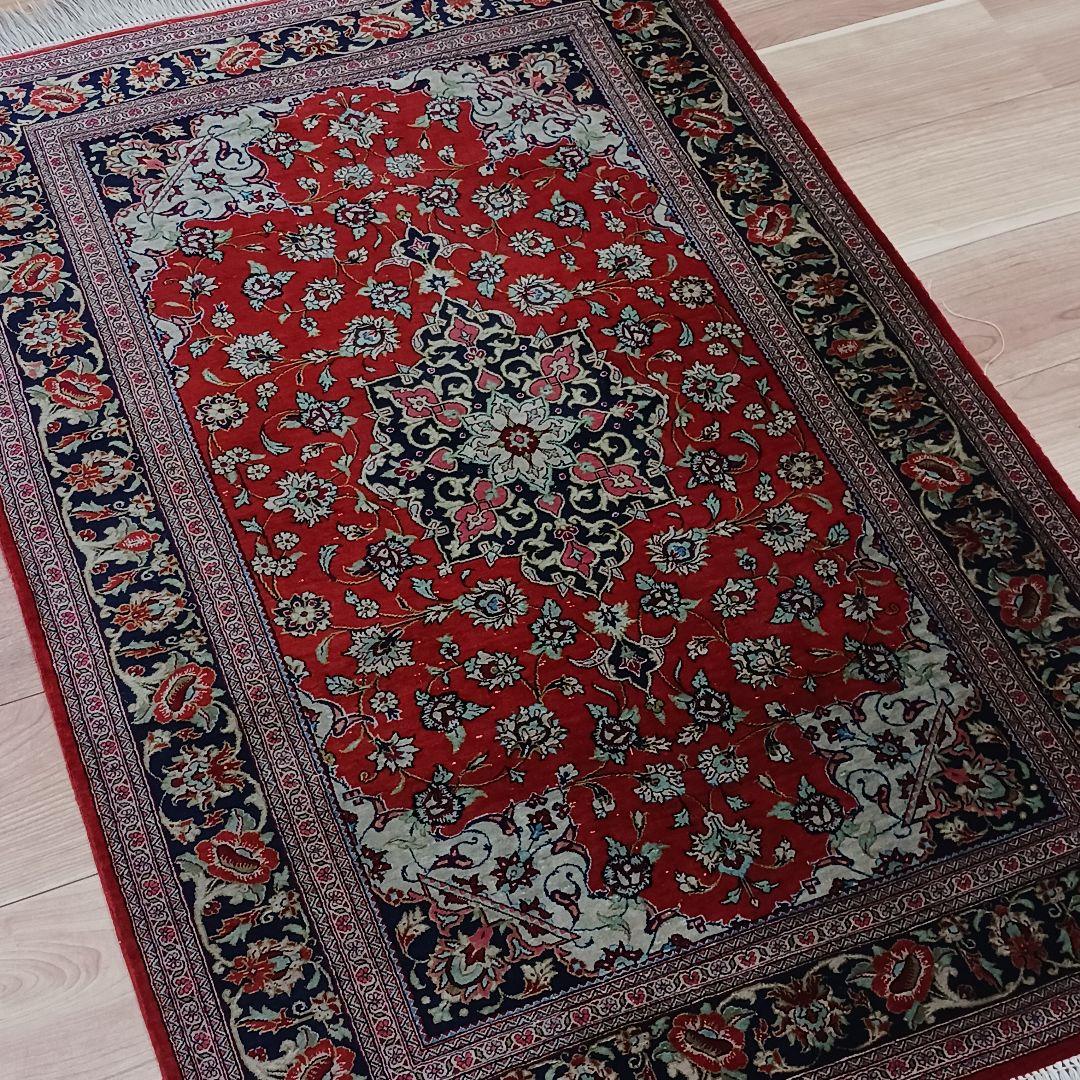 スイカ Y3017 高級ペルシャ絨毯 クム産 シルク100% 手織 ペルシャ絨毯 クム産 シルク 約80cm x 122cm｜SATHI RUGS